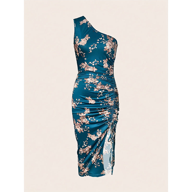 Women's One Shoulder Bodycon Dresses Summer 2025 Ruched High Split Floral Beach Cocktail Wedding Guest Dress